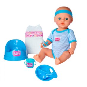 New Born Baby dukke med blåt tøj og tilbehør